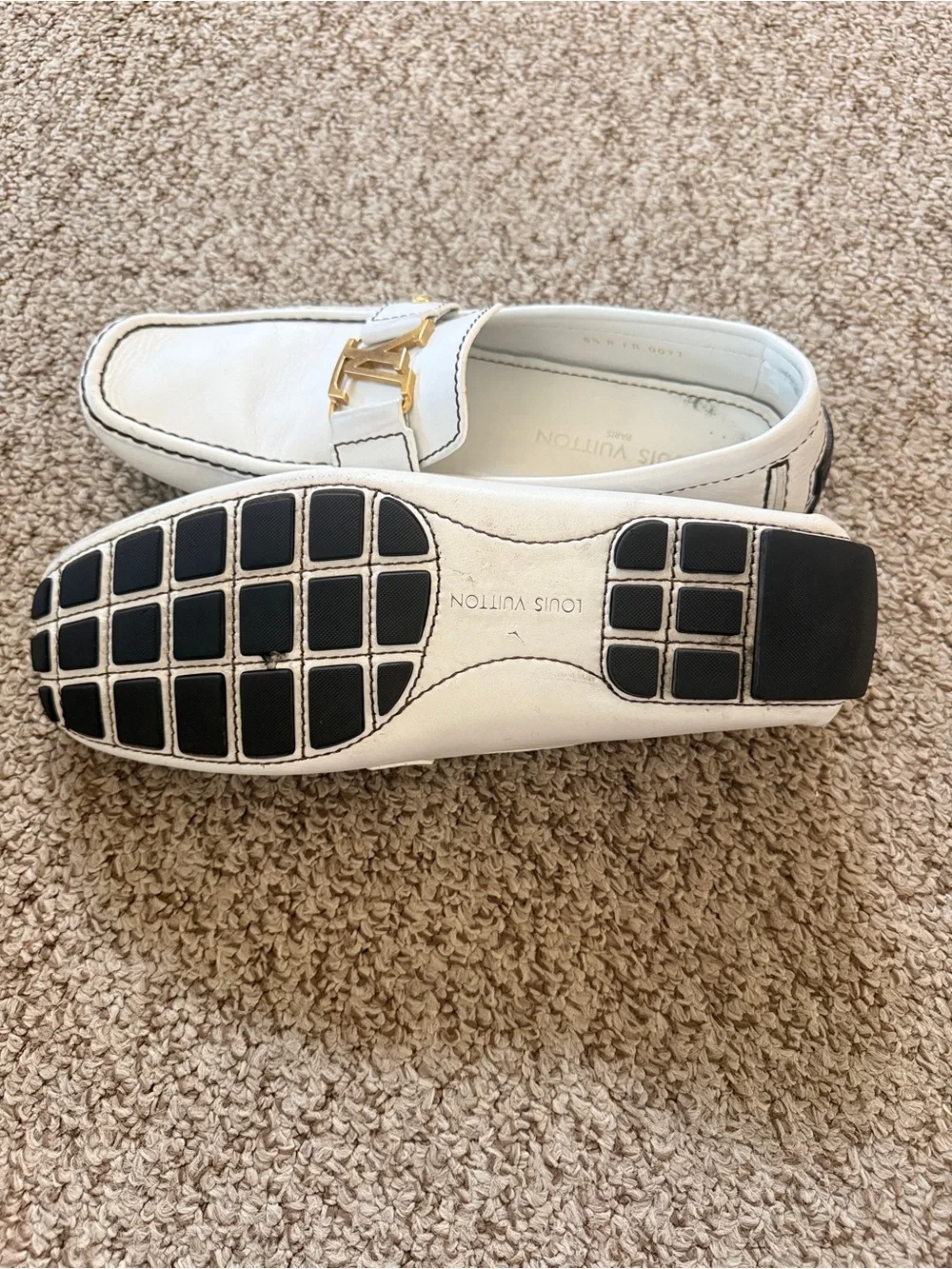 Louis Vuitton White Leather Loafers with Gold LV Hardware